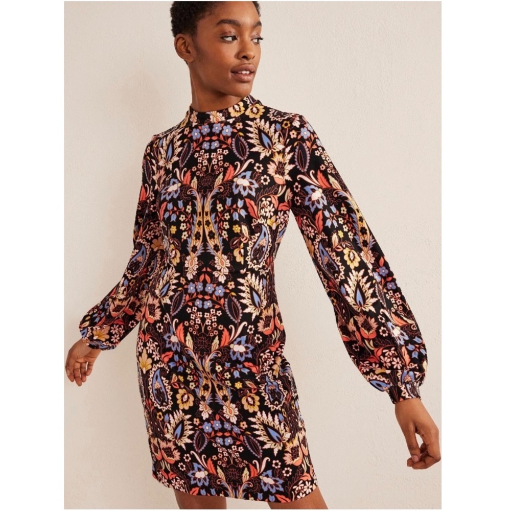 Boden Black Floral Paisley Jersey Long Sleeve Mock Neck Mini Dress Size 6